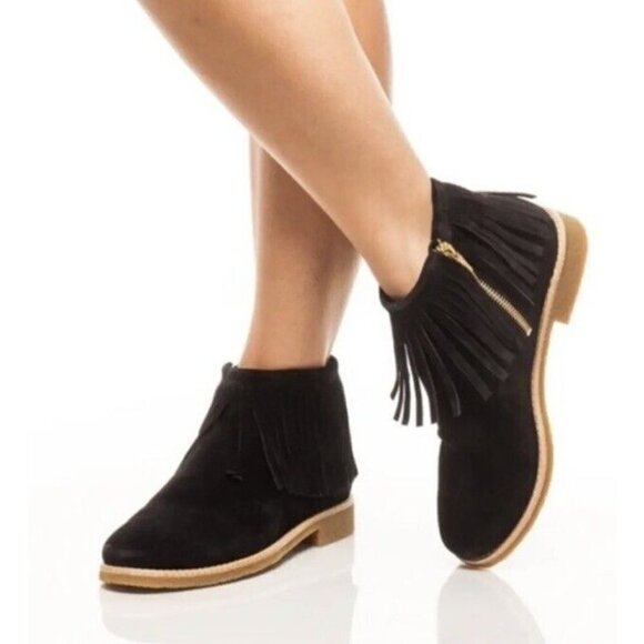 Kate Spade Ankle Boot 8 Betsie Too Suede Fringed Black Booties Womens Zip Up - Picture 1 of 14